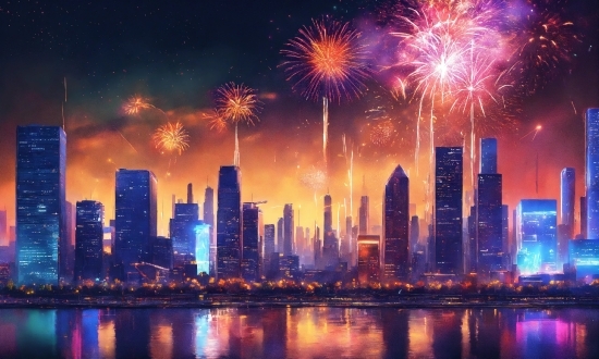 Skyscraper, Water, Sky, Fireworks, Building, Atmosphere