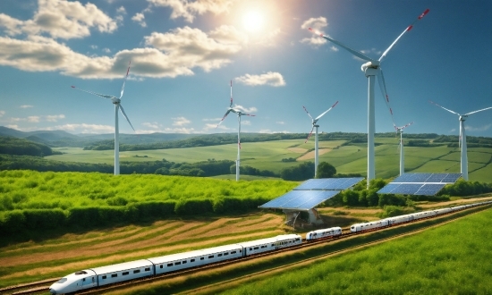 Cloud, Sky, Windmill, Train, Ecoregion, Green