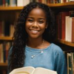 Smile, Hairstyle, Shelf, Bookcase, Book, Happy