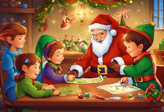 Green, Cartoon, Sharing, Table, Fun, Santa Claus