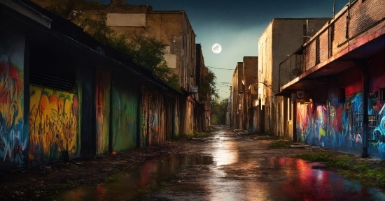 Water, Sky, Building, Window, Road Surface, Moon