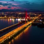 Flying Through Clouds Stock Footage Free, Night, Bridge, City, Waterfront, Pier